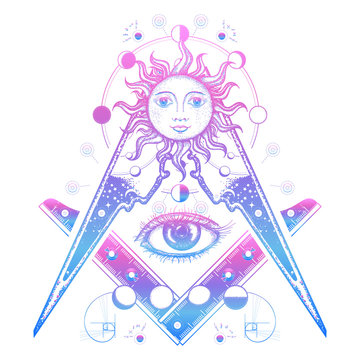 Masonic symbol tattoo and t-shirt design. All seeing eye. Alchemy, medieval religion, occultism