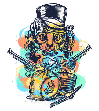 Cat robber tattoo watercolor splashes style. Сat gentleman with revolvers plunders cryptocurrency and bitcoins. Hacking and darknet