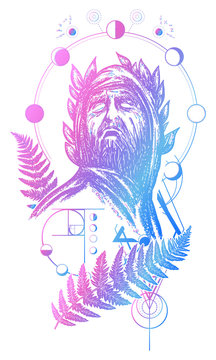 Scientist tattoo and t-shirt design. Great prophet, genius, creator of universe. Symbol of science, art, education, poetry, philosophy, psychology