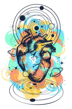 Magic heart in space tattoo. Symbol of love, philosophy, psychology, imagination, dream. Anatomic heart among galaxies and planets t-shirt design watercolor splashes style