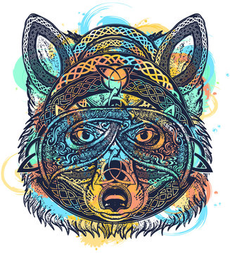 Celtic fox tattoo watercolor splashes style. Wolf t-shirt design art animals. North art. Animals in ethnic style