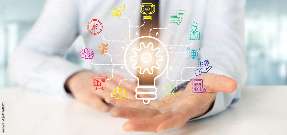 Poster businessman holding a bulb lamp idea concept with start up icon connected 3d rendering