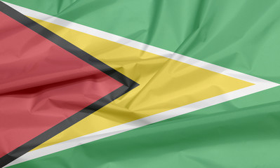 Fabric flag of Guyana. Crease of Guyanese flag background, a green field with the black red...