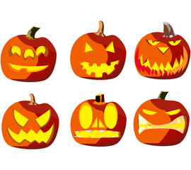Set of six pumpkins for Halloween, objects isolated on white background