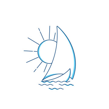 Sailing Ship In The Waves Against The Rising Sun. Vector Icon In Line Art Style. Travel, Transportation Logo. Water Sports Concept