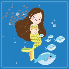 Cute little mermaid with sea animals. Under the sea in cartoon style, Vector illustration.