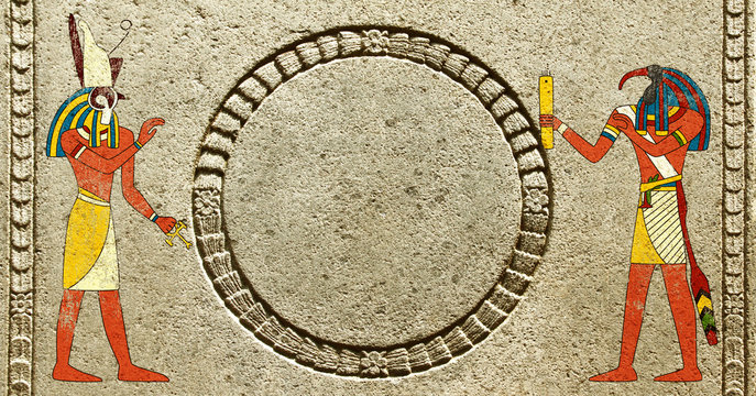 Grunge background with Egyptian gods images Toth and Horus