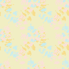 Fototapeta na wymiar UFO military camouflage seamless pattern in light blue, yellow and pink colors