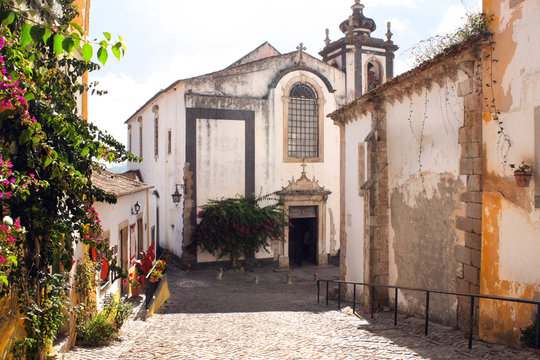Cathedral and old houses in medieval street, Obidos, Portugal