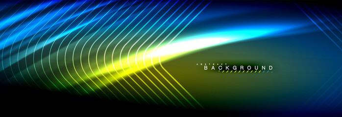 Neon glowing fluid wave lines, magic energy space light concept, abstract background wallpaper design
