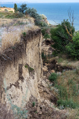 Mountain landslide disaster in sesmically dangerous area. Large cracks in earth, descent of large...