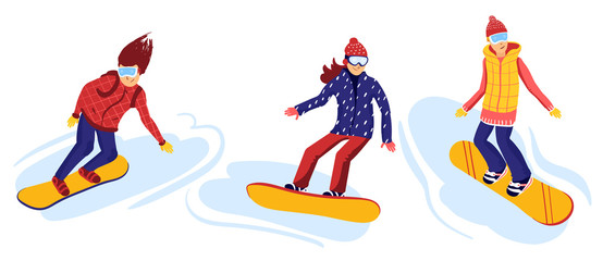 cartoon snowboard riders, male and female. Winter mountain sports activity, ski resort vacation. Vector illustration in flat style.