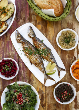 Food at a fish restaurant Acre (Akko), Israel.