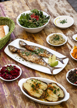 Food at a fish restaurant Acre (Akko), Israel.