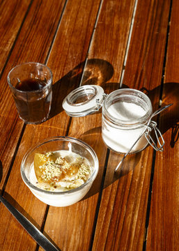 Malabi dessert and coffee at a restaurant Acre (Akko), Israel.