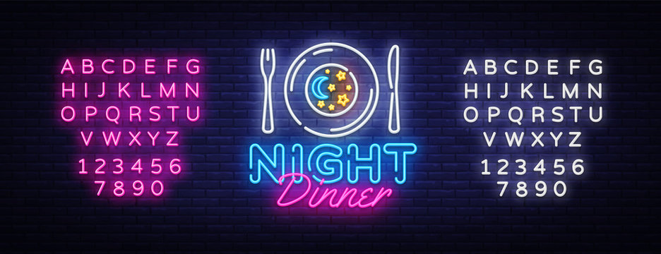 Night Dinner neon sign vector. Restaurant logo Design template neon sign, light banner, neon signboard, nightly bright advertising, light inscription. Vector illustration. Editing text neon sign