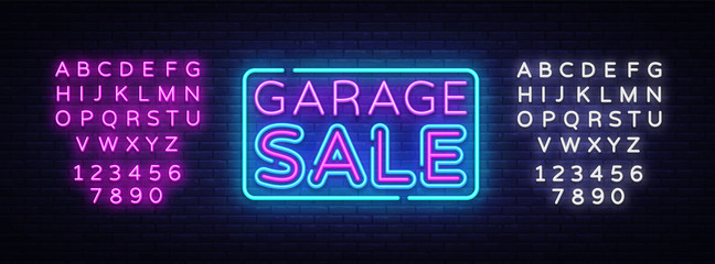 Garage Sale, discount sale concept Vector illustration in neon style, shopping and marketing concept. Neon luminous signboard, bright banner, Light advertisement. Editing text neon sign