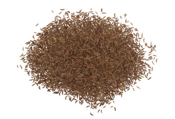Pile of cumin, caraway seeds isolated on white background, top view
