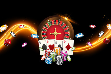 Playing cards and poker chips fly casino. Concept banner with roulette on black background. Vector illustration - 226454876