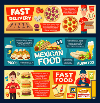Pizza delivery and fastfood burgers, vector