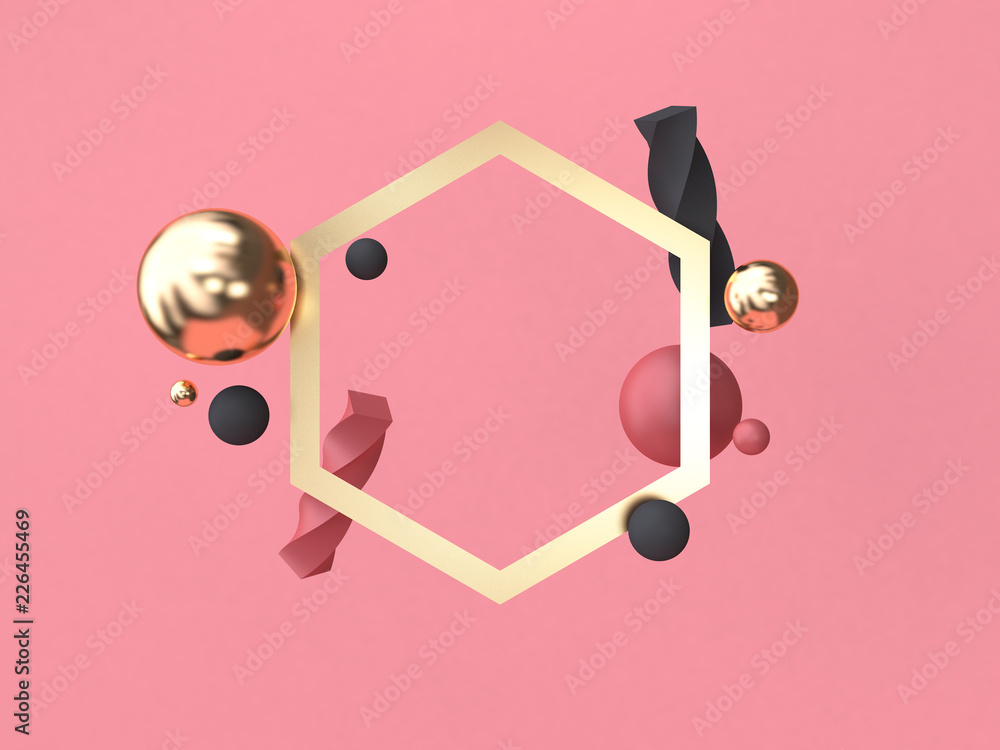Poster 3d rendering red-pink background minimal abstract geometric shape floating 3d rendering gold frame
