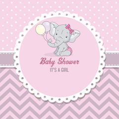 baby shower girl. Cute elephant with balloons. space for text