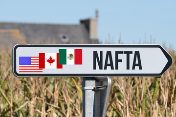 Ein Schild weist auf NAFTA Abkommen zwischen USA, Kanada und Mexiko