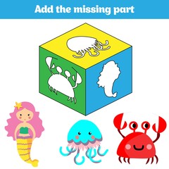 Puzzle game. Visual Educational Game for children. Task: find the missing parts. Worksheet for preschool kids. Vector illustration.  Theme mermaid sea, ocean, fish