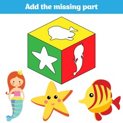 Puzzle game. Visual Educational Game for children. Task: find the missing parts. Worksheet for preschool kids. Vector illustration.  Theme mermaid sea, ocean, fish