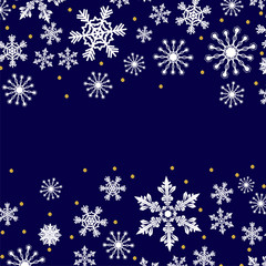 Christmas pattern made of white snowflakes and golden dots, vector winter seamless dark blue background with snow, xmas design holiday illustration.