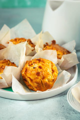 Homemade double cheese muffins with feta and mozzarella. Tasty easy cooking snack. Close up