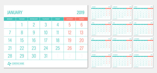 2019 calendar week start Monday corporate business luxury design layout template vector.