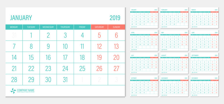 2019 calendar week start Monday corporate business luxury design layout template vector.