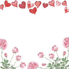 Obraz premium Watercolor round frame for Valentine's day red hearts, bouquet of pink roses isolated on white background.