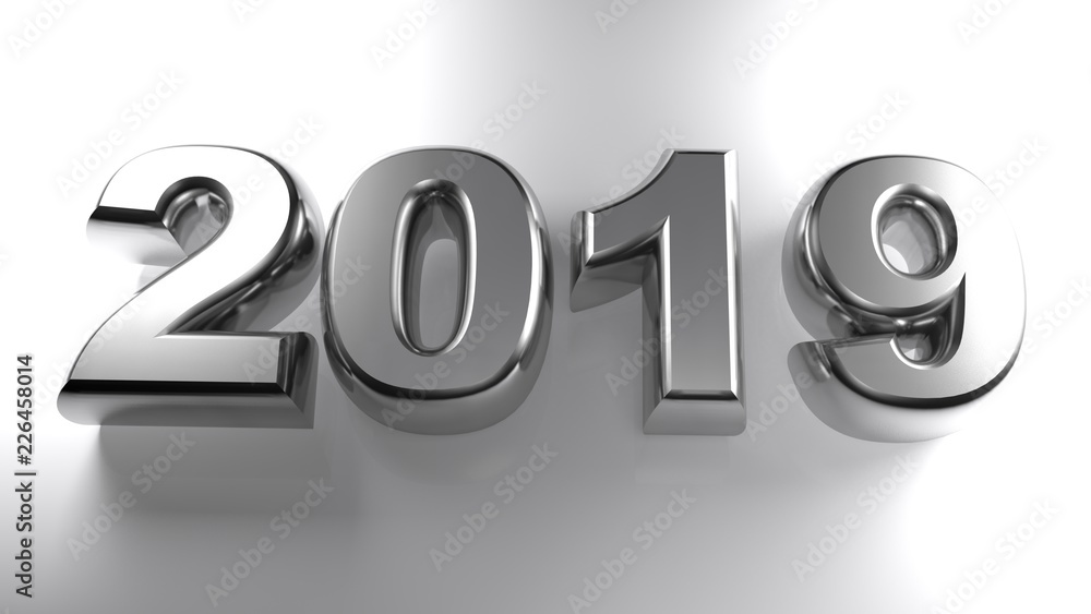 Poster 2019 in metallic chrome 3d letters - 3d rendering