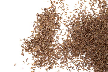 Pile of cumin, caraway seeds isolated on white background, top view