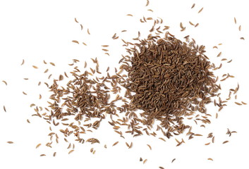 Pile of cumin, caraway seeds isolated on white background, top view
