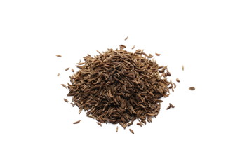 Pile of cumin, caraway seeds isolated on white background