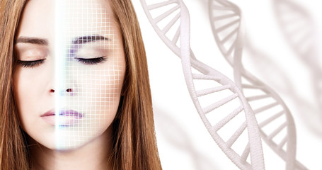 Technological scanning of face of young woman among DNA stems.