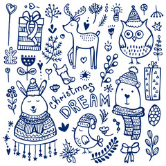 Christmas doodle collection. Hand drawing bear, owl, rabbit, presents, deer, bird, floral elements, mistletoe, sock, bulb, hearts.