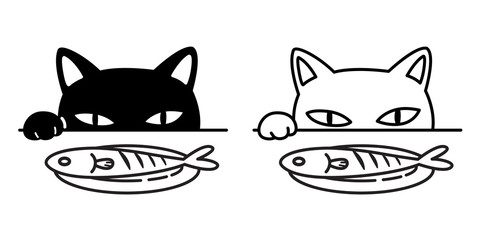 cat vector icon logo paw fish black kitten calico food cartoon character illustration doodle