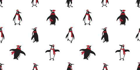 penguin Seamless pattern vector Christmas Santa Claus Hat Xmas bear polar salmon fish cartoon scarf isolated tile background repeat wallpaper illustration © CNuisin