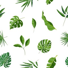 Natural seamless pattern with green tropical leaves or scattered exotic foliage of jungle plants on white background. Hawaiian backdrop. Colored botanical vector illustration for wrapping paper.