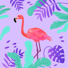 Flamingo and tropical leaves in vivid colors.