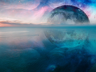 Fantasy unreal seascape - small fishing boat sailing across calm sea with huge alien planet and...