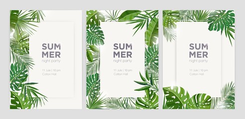Collection of vertical summer backgrounds with frames or borders made of green tropical palm leaves or jungle exotic foliage and place for text. Seasonal colorful realistic vector illustration. © Good Studio