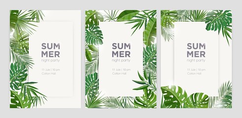 Collection of vertical summer backgrounds with frames or borders made of green tropical palm leaves or jungle exotic foliage and place for text. Seasonal colorful realistic vector illustration.