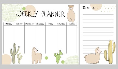Hand drawing vector weekly planner with cactuses.