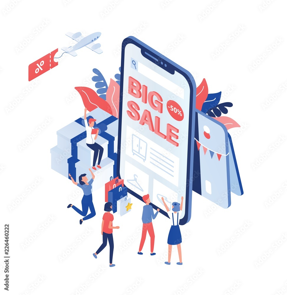 Poster scene with joyful customers or buyers standing in front of giant smartphone with big sale text on sc