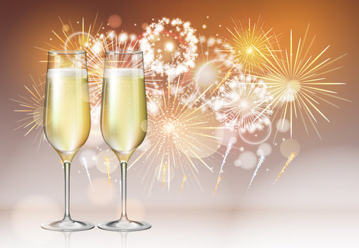 Realistic vector illustration of champagne glasses on holiday golden firework background